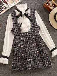 Autumn Winter 2 Piece Set Overalls Dress Women Elegant Ruffles Chiffon Bow Shirt TopDouble Breasted Plaid Tweed Vest Dress 240520