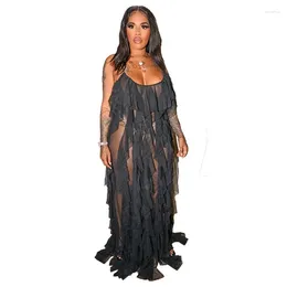 Ethnic Clothing Plus Size Mesh Ruffle Party Dress Female Sheer Backless Long Robe 2024 Summer Casual Street Women Luxury Elegant