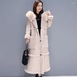 Women's Fur Splicing Lamb Wool Jacket Loose Thick Warm Parker Coat Long One Hooded Cotton Coats Winter Outwear 2