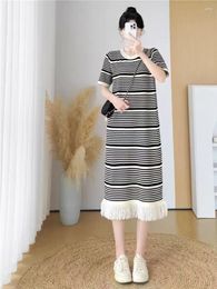 Casual Dresses Tassel Knitted Dress Women Summer Striped O-neck Short Sleeve Loose Mid Length Contrast Color Vestidos Robe