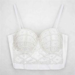 Women's Tanks Camis 2024 Women Summer Corset Pearl Beading Design Sexy Tank Tops Fashion Basic Women White Crop Top Female Ladies Tops Clothes Camis Y240518