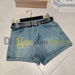 Shiny Rhinestone Denim Shorts Women Sexy Low Waist Short Jeans with Belt Designer Letter Slim Shorts