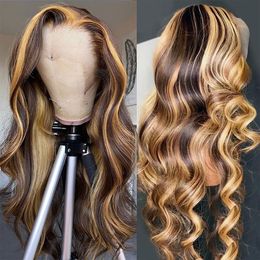 HD Body Wave Highlight Spets Front Human Hair Wigs For Women spets Frontal Wig Pre Plucked Honey Blonde färgade syntetiska peruker spetsar peruk europeiskt hår