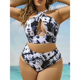 New 0XL - 4XL Printed Large Swimwear Plus Size Women Swimsuit Female Two-pieces Bikini set Bather Bathing Suit K5630 L2405