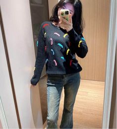 Fall Winter Pink Women Knit Sweater Logo Embroidery Long-sleeved Ladies O-neck Sweet Pullover Tops