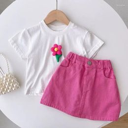 Clothing Sets 2024 Baby Girls Summer Set 3D Flower Tees Denim Skirts Fashion Kids Children Birthday Princess Clothes