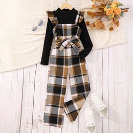 Clothing Sets Autumn and Winter New Childrens Wear Girls Long Sleeve Solid T-shirt+Checkered Jumpsuit with Belt Set 8 9 10 11 12 Years Y240520HSDV