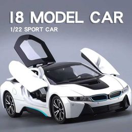 Diecast Model Cars 1 22 BMW I8 Sports Car Alloy Model Car Vehicle Collection Simulation Sound Light Toys Car Children Birthday Day Gifts Y240520V532