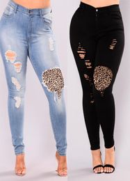 Women Hole Leopard Patch Large Size Pencil Jeans Streetwear Distressed Skinny Ankle Length Patchwork4100828