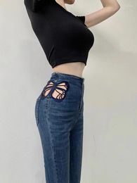 Women's Jeans Y2k Women Butterfly Embroidery Hollow Out High Waist Skinny Flare Pants Streetwear Grunge Clothes