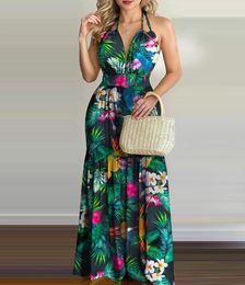 Casual Dresses Women Tropical Print Halter Backless Maxi Dress Summer Spring Vacation Sleeveless Sexy Boho Beach FloralCasual3563843