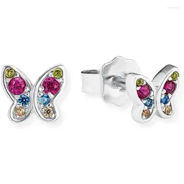 Stud Earrings Real 925 Sterling Silver Butterfly For Women Colourful Rhinestone Style Cute Girl Zircon Kpop Jewellery
