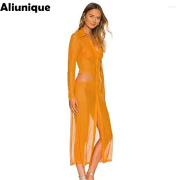 Casual Dresses Aliunque Sexy Orange Hollow Out Single Breasted Dress Deep V-neck Maxi Women Summer Fashion See Through Bodycon Vestidos