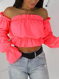 Women's Blouses 2024 Candy Colour Off Shoulder Crop Tops Women Summer Dot Print Lantern Sleeve Shirts Lady Sexy Slash Neck Beach Blouse