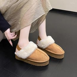 Slippers 2024 Winter Plush Cotton Women Fashion Flat Shoes Thick Soled Leisure Home Suede Leather Warm Shoulder Strap