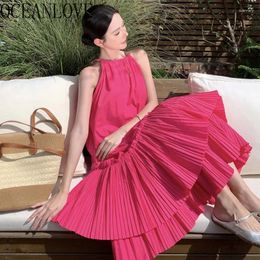 Casual Dresses OCEANLOVE Hollow Out Women Bohemia Holiday Summer Beach Style Vestidos Solid Korean Fashion Ruffles Sweet Long Dress