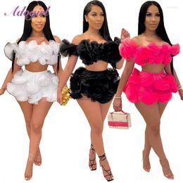 Women's Two Piece Pants Sexy Party Club Sets Women Solid Floral Shher Mesh Slash Neck Crop Tops Shorts Suit Outfit Plus Size Tracksuit