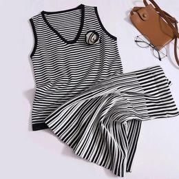 Work Dresses Black And White Striped Knit Vest Sleeveless Tops High Waist Contrast Colour Vertical Pattern Skirt Women Elegant Two-piece Set