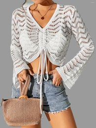 White Hollow Out Shirt Without Bikini Long Sleeves V Neck See Through Drawstring Cover Up Top Women's Swimwear & Clothing