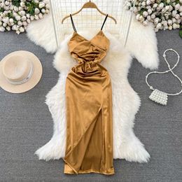 Casual Dresses Summer Fashion Sexy And Elegant V-Neck Evening Party Dress Waist Slim Long Split Wrap Hip Silk Smooth Satin Sling