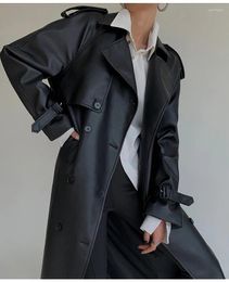 Women's Leather Spring Autumn Long Grey Pu Trench Coat For Women Raglan Sleeve Belt Runway Luxury Designer European Fashion