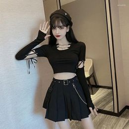 Work Dresses Gothic Two Piece Outfits Women Sexy Chain Lace Up Long Sleeve T-Shirt High Waist Pleated Skirt Suit Punk Style Y2k 2 Pcs Sets