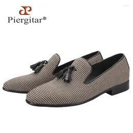 Casual Shoes Piergitar Three Colours Houndstooth Pattern Cotton Men's Loafers With Leather Tassels For Suits And Formal Wear Plus Size