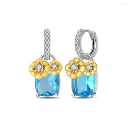 Hoop Earrings Vintage Style Sparkling Blue Zircon Daisy Flower Double 925 Sterling Silver Women Party Jewelry Earring