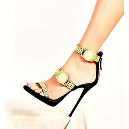 Watch Newest Golden Embelished Heel Sandals Gladiator Open Toe Woman Ankle Strap Thin High Summer Par d09