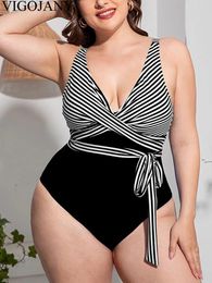 Women's Swimwear VigoJany 2024 Patchwork Stripe Print Plus Size Women Push Up Large One Piece Swimsuit Beach Chubby Big Bathing Suit