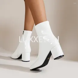 Boots 2024 Size Women Ankle Real Leather Thick High Heels Shoes Woman Winter Brand Casual Office Elastic