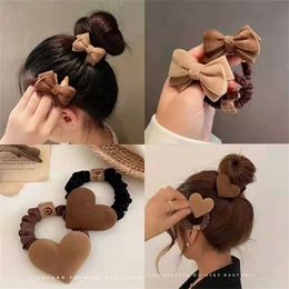 Hair Accessories Cute Bow Heart Headband Solid Khaki Coffee Plush Headband Womens Girls High Elastic Rubber ponytail d240520
