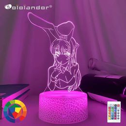 Lamps Shades 3D Illusion Led Nightlights ANIME Light Lamp Multi Colour Changing Lampara BUNNY GIRL SENPAI MAI SAKURAJIMA KAWAII For Xmas Gift Y240520DENM