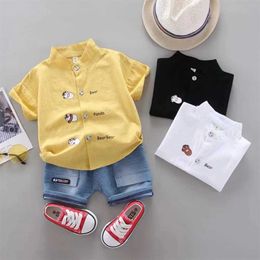Clothing Sets 2PCS Baby Set Summer Fashion Small Animal Letter Printing Pattern Standing Neck Short sleeved Cowboy Short sleeved Set J240518