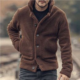 Mens Winter Coat Fleece Jackets Coats Streetwear Long Sleeve Solid Lapel Outerwear Button Up Fluffy Fashion Winter Plush Overcoats