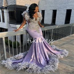 Sparkly Diamonds Lavender Prom Dress Velvet Beads Crystals Rhienstones Feathers Reception Birthday Party Gowns 2024 Mermaid Plus Size Evening Dress Black Women