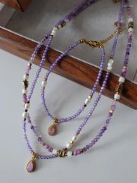 Pendant Necklaces Amethyst Natural Stone Choker Beaded French Stacked Pearl Clavicle Chain Necklace