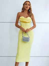 Casual Dresses Summer Fashion Women Sexy Strapless Backless Ruffles Yellow Midi Bandage Dress 2024 Elegant Evening Club Party