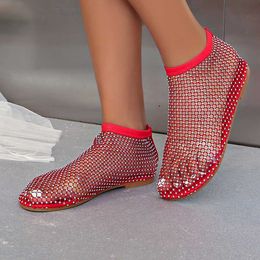 Sandals Fashion Womens Luxury Brand Round Toe Flat Bottom Sandals Summer Hollow Short Boots Water Diamond Sexy Red Pink Sandals Women J240520