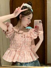 Women's T Shirts Unique And Beautiful Pink Shirt 2024 Summer Small Stature Sweet Plaid Bubble Sleeve Top