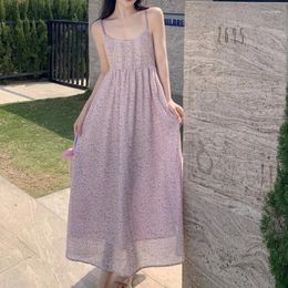 Casual Dresses Sweet Sleeveless Beach A-line Chiffon Dress Vintage Lace-Up Backless Suspended Lady French Light Purple Floral 27426