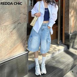 Women's Jeans REDDACHiC Women Low Waist Denim Short Cargo Pants Light Wash Frayed Big Pockets Wide Leg Baggy Jorts Grunge Y2k Streetwear