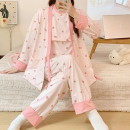 Three Pieces Maternity Sleepwear Short Sleeve Nursing Tops+long Sleeev Cardigans+full Length Pants Postpartum Woman Pamas Sets L2405