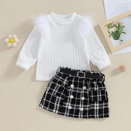 Clothing Sets Girls Autumn Plush Sleeve Tops Buttons Mini Plaid Skirts With Belt Princess Party Children Clothes Suits