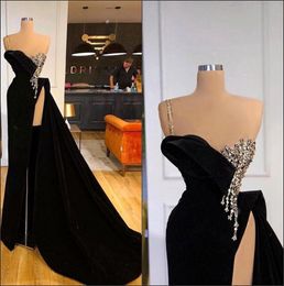 Arabic Dubai Black One Shoulder High Split Long Evening Dresses Pleats Beads Appliques Prom Gowns Vestidos de BC18867 0520