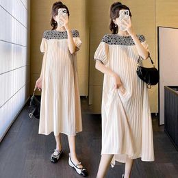 Maternity Dresses Embroidered patch work pleated pregnant womans straight long skirt fashion casual pregnancy clothing d240520