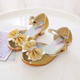 Girls Princess Sandals Glitter Bowknot Spring Summer Versatile Children High Heels Sequins Elegant Kids Party Dress Single Shoes