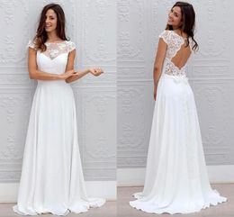 Bohemian White Wedding Dresses Lace Chiffon Open Back With Cap Sleeves Sheer Neck Sweep Train Cheap Beach Bridal Wedding Gowns
