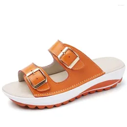 Slippers Women Summer Fashion Pu Solid Buckle Female Platform Comfortable Outdoor Beach Ladies Flats Shoes