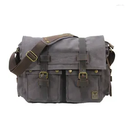 Briefcases Fashion Genuine Leather Cotton Canvas Messenger Briefcase Bag Men Shoulder Sling Crossbody Outdoor Casual Retro Handbag